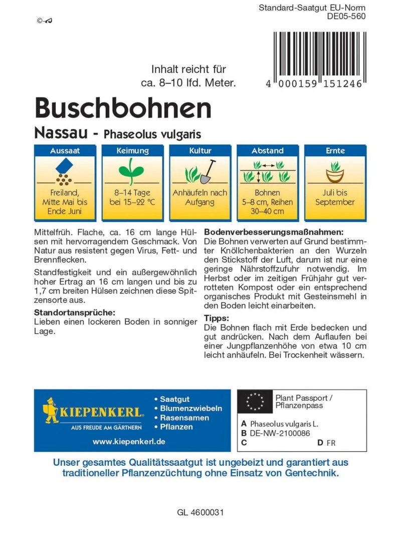 Buschbohne Nassau, Mittelfrüh Mit Hervorragendem Geschmack, Resistent Gegen Virus Fett- Und Brennflecken 3 Buschbohne Nassau, Mittelfrüh Mit Hervorragendem Geschmack, Resistent Gegen Virus Fett- Und Brennflecken