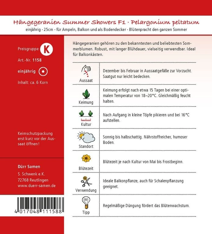 Dürr Hängegeranien Mischung F1, Einjährig, Portionssaatgut, Inhalt: 6 Korn 3 Dürr Hängegeranien Mischung F1, Einjährig, Portionssaatgut, Inhalt: 6 Korn