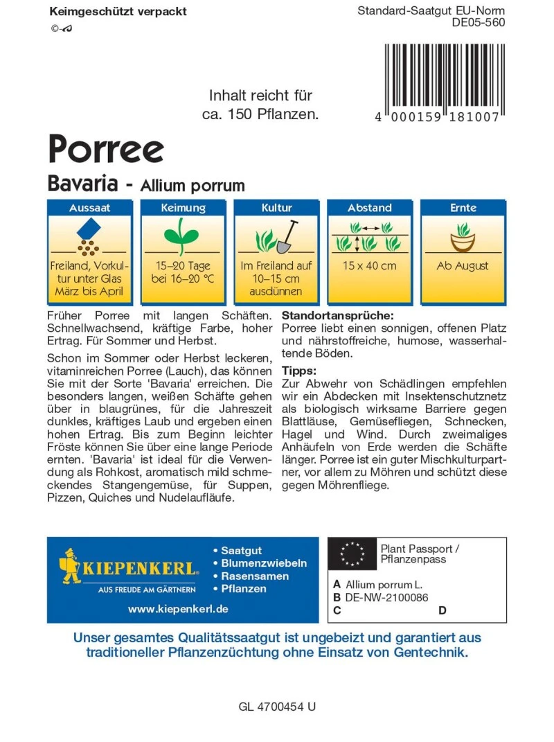 Porree Bavaria, Früher Porree Mit Langen Schäften Schnellwachsend Kräftige Farbe Hoher Ertrag, Ideal Für Die Verwendung Als Rohkost 3 Porree Bavaria, Früher Porree Mit Langen Schäften Schnellwachsend Kräftige Farbe Hoher Ertrag, Ideal Für Die Verwendung Als Rohkost