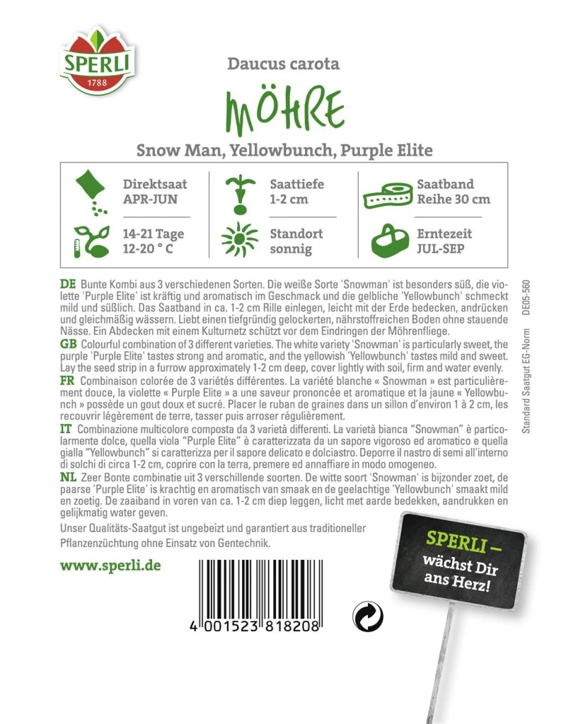 SPERLI Saatband Mit 3 Sorten Möhren Sorten: Snowman, Purple Elite, YellowBunch 5m Saatband 3 SPERLI Saatband Mit 3 Sorten Möhren Sorten: Snowman, Purple Elite, YellowBunch 5m Saatband – Bild 2